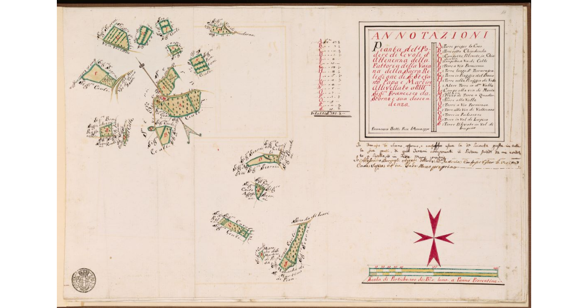 Pianta del Podere di Cevoli di attinenza della fattoria della Vaiana della Sacra Religione di S. Stefano Papa e Martire, allivellato all’Ill.mo Sig. Francesco da Scorno e sua discendenza