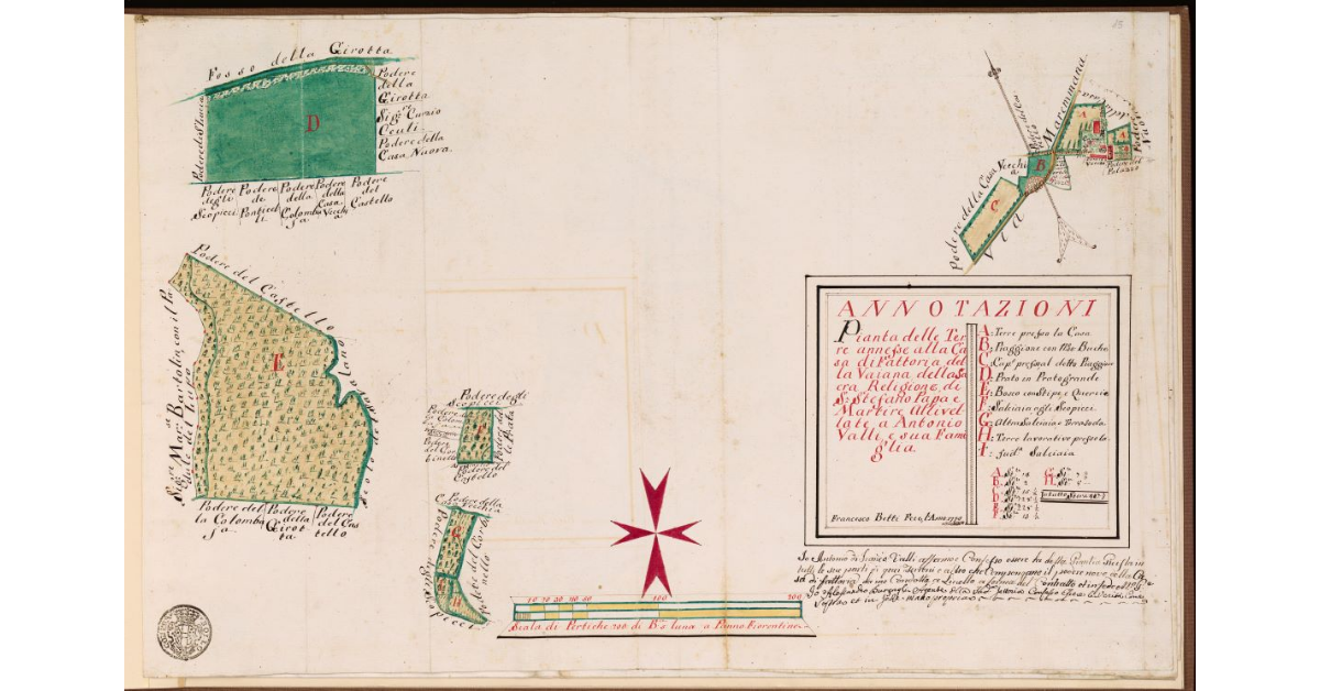 Pianta delle terre annesse alla Casa di Fattoria della Vaiana della Sacra Religione di S. Stefano Papa e Martire, allivellate a Antonio Valli e sua famiglia
