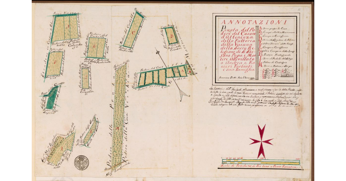 Pianta del Podere del Casone di attinenza della Fattoria della Vaiana della Sacra Religione di S.Stefano Papa e Martire, allivellato ad Andrea e Ranieri Parlanti e sua famiglia
