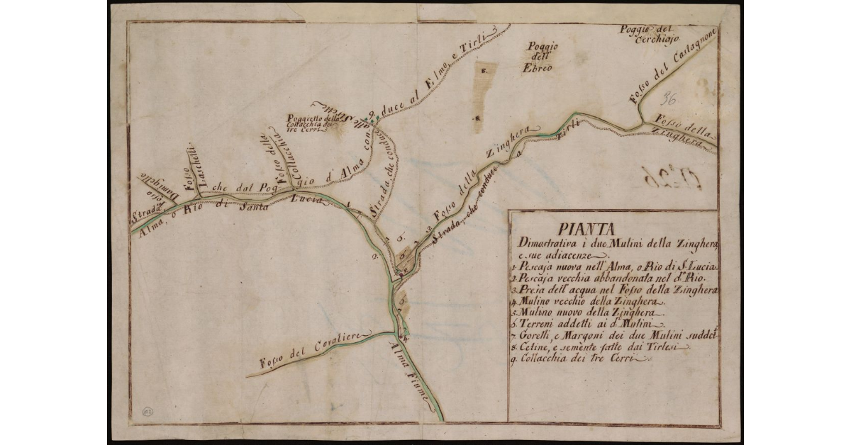 Pianta dimostrativa i due mulini della Zinghera e sue adiacenze [in Pian d'Alma]