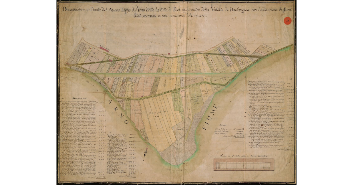 Dimostrazione in pianta del nuovo taglio d'Arno sotto la città di Pisa al di contro della Voltata di Barbaregina con l'indicazione dei beni stati occupati in tale occasione l'anno 1771