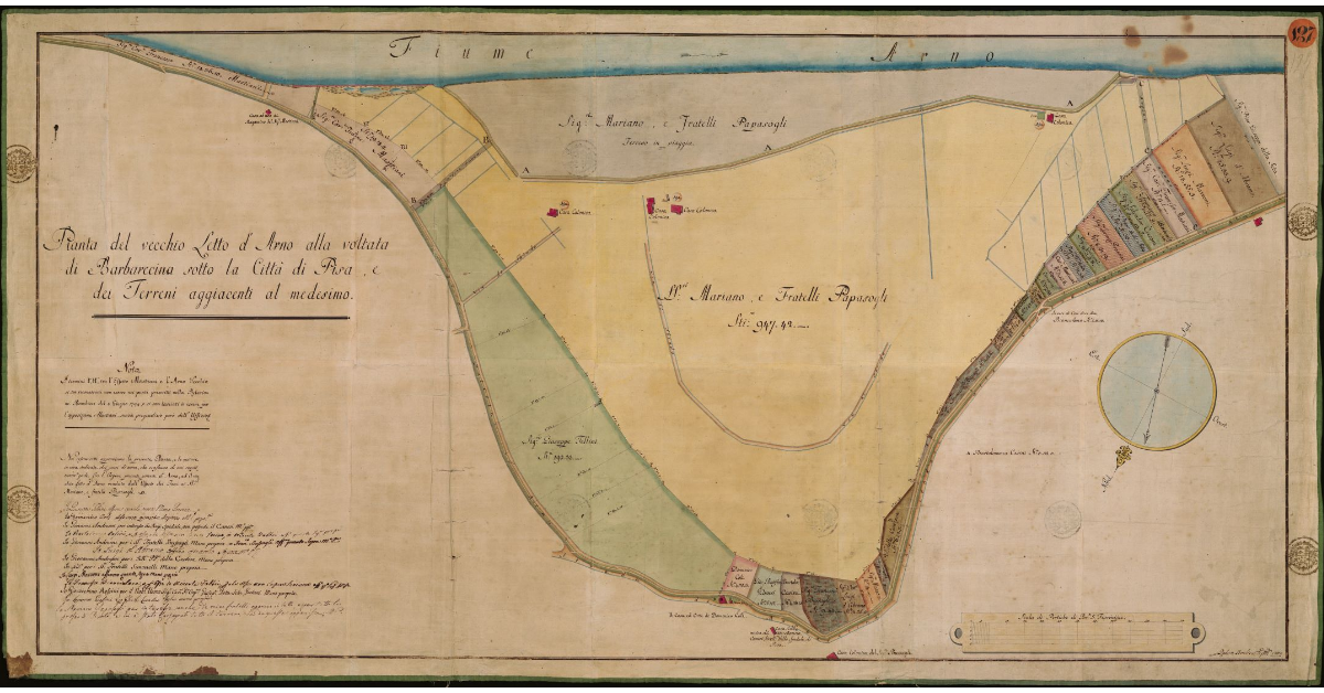 Pianta del vecchio letto d'Arno alla Voltata di Barbaricina sotto la città di Pisa e dei terreni aggiacenti al medesimo