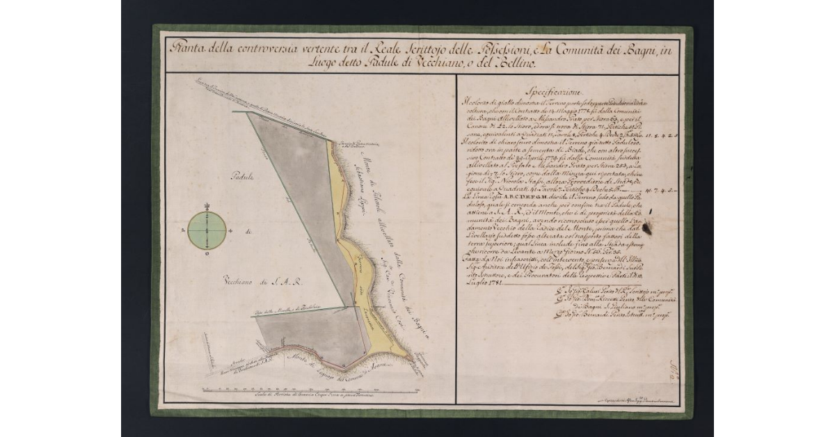 Pianta della controversia vertente tra il Reale Scrittoio delle Possessioni, e le Comunità dei Bagni in Luogo detto Padule di Vecchiano, o del Bellino