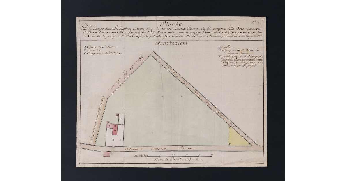 Pianta del Campo detto le Sughere situato lungo la Strada Maestra Pisana, che fa porzione della Dote assegnata al Paroco della Nuova Chiesa Parrocchiale di S. Matteo, nella quale il pezzo di Terra colorito di giallo, e marcato di lettere F indica la porzione di detto Campo, che potrebbe essere venduto alla Nazzione Armena per costruirvi un Camposanto