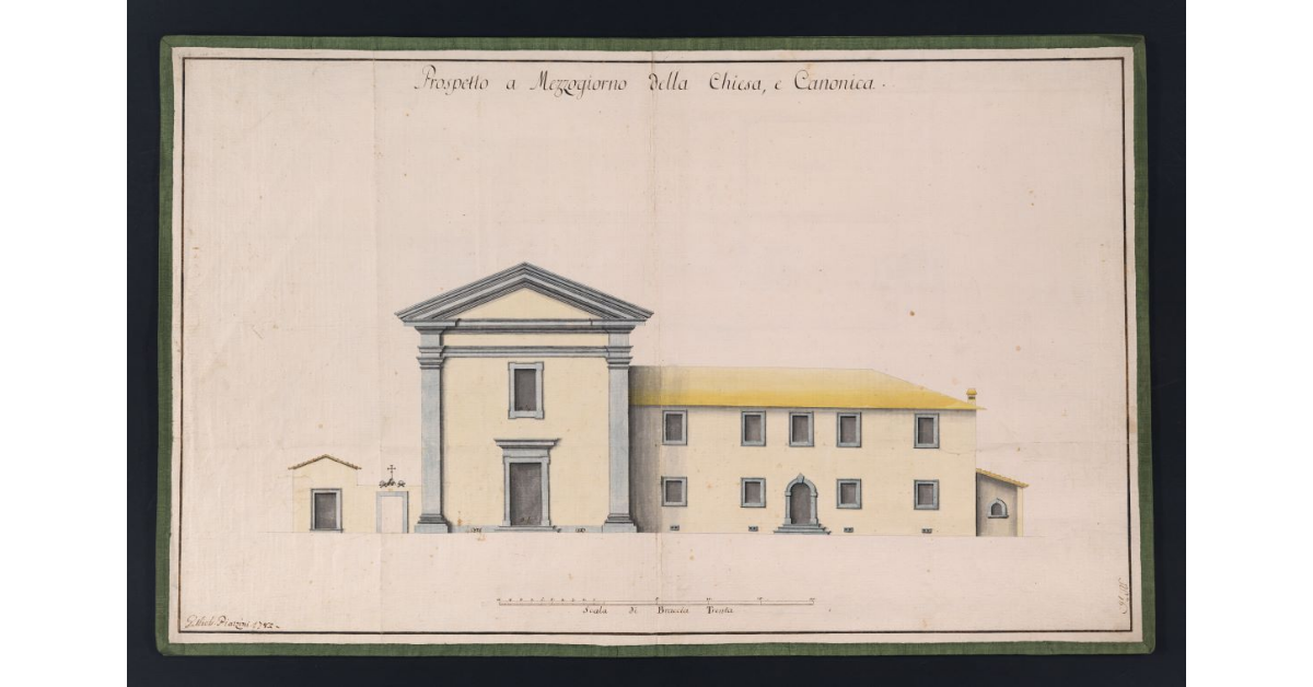 Prospetto a Mezzogiorno della Chiesa, e Canonica