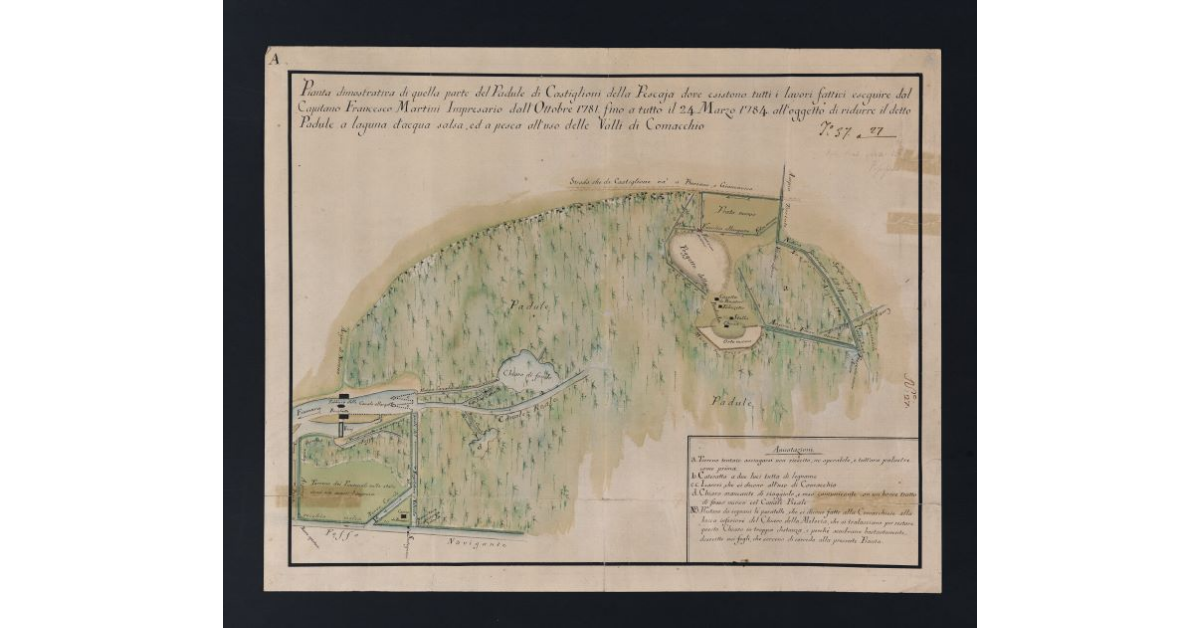 Pianta dimostrativa di quella parte del Padule di Castiglioni della Pescaja dove esistono tutti i lavori fattivi eseguire dal Capitano Francesco Martini Impresario dall'Ottobre 1781 fino a tutto il 24 Marzo 1784 all'oggetto di ridurre il detto Padule o laguna d'acqua salsa, ed a pesca all'uso delle Valli di Comacchio