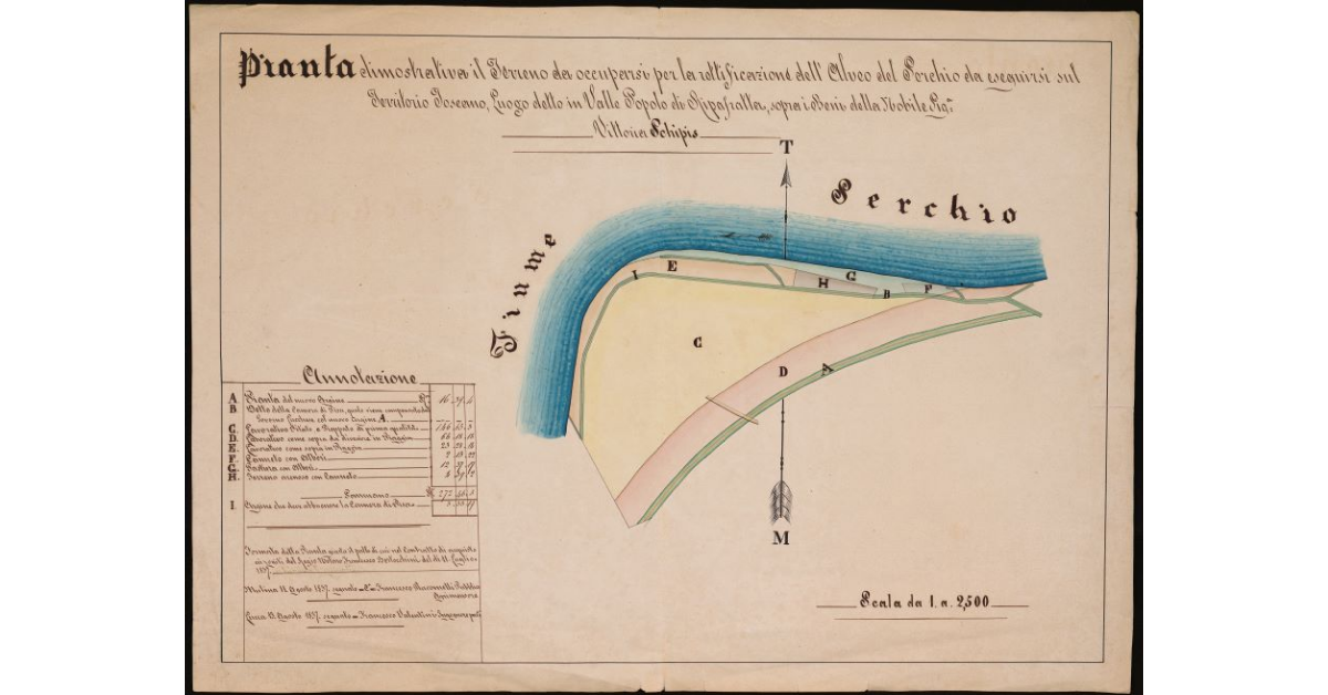 Pianta dimostrativa il terreno da occuparsi per la rettificazione dell'alveo del Serchio da eseguirsi sul territorio toscano luogo detto in Valle, popolo di Ripafratta sopra i beni della nobile Sig. Vittoria Schipiz