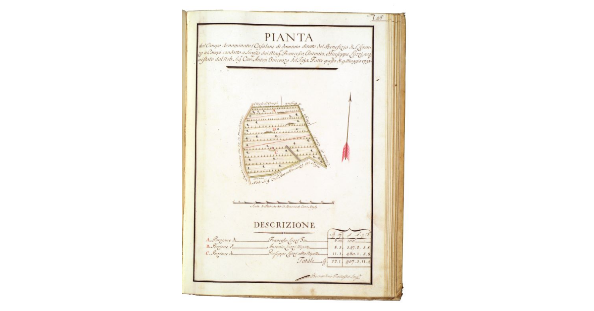 Pianta del campo denominato i Casaloni di dominio diretto del benefitio di San Lorenzo a Campi condotto a livello dei maggiori Francesco, Antonio e GIuseppe Luzzi, acquistato dal nobile Signore, cavaliere Anton VIncenzo del Taja. Fatta questo dì 9 maggio 1798