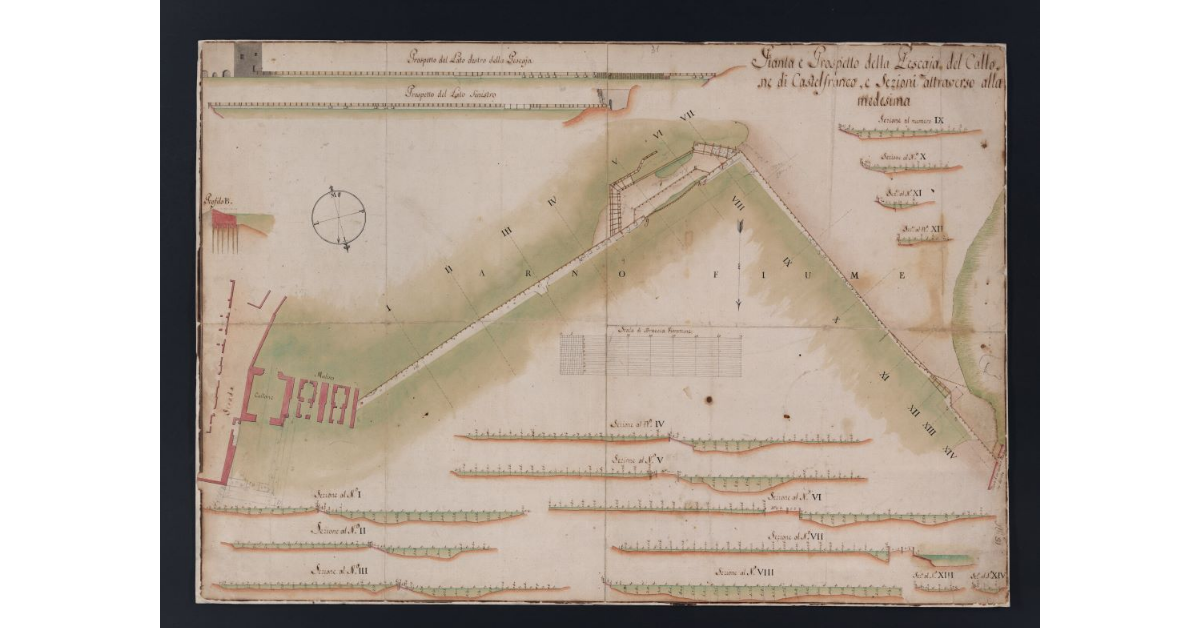 Pianta e Prospetto della Pescaja del Callone di Castelfranco, e Sezioni attraverso alla medesima