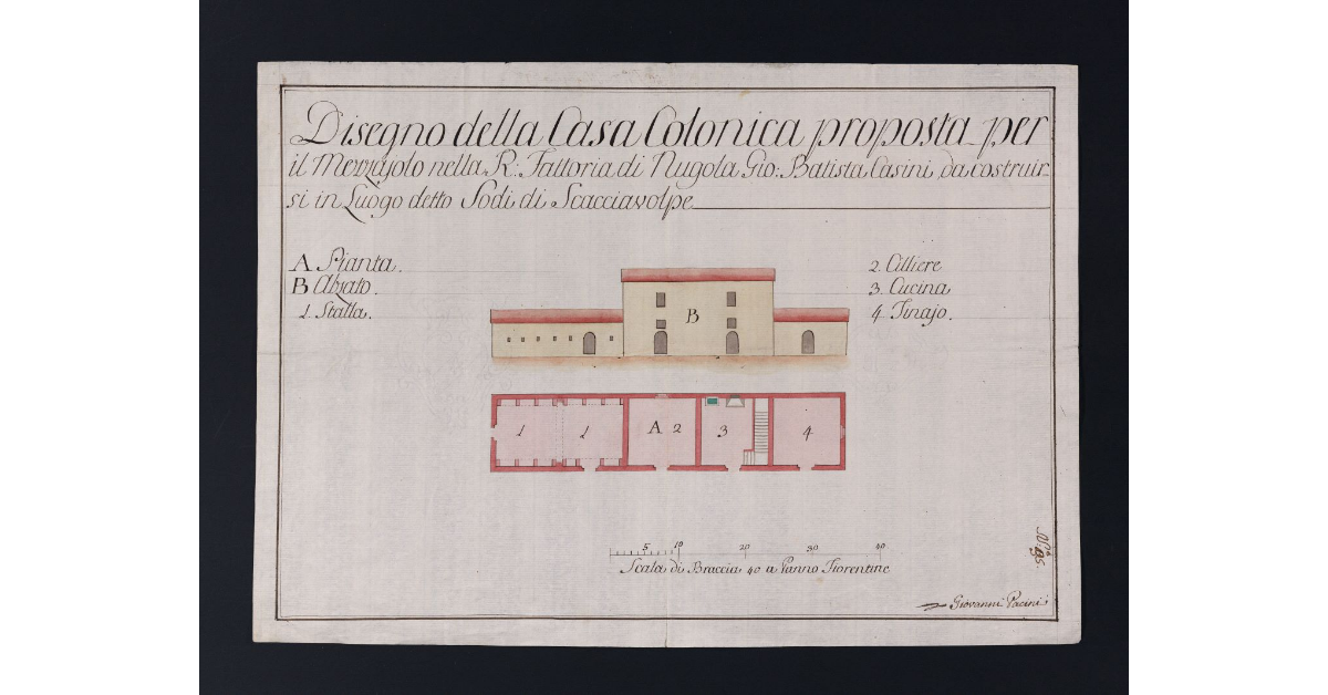 Disegno della Casa Colonica proposta per il Mezzaiolo della R. Fattoria di Nugola Gio. Battista Casini da costruirsi in Luogo detto Sodi di Scacciavolpe