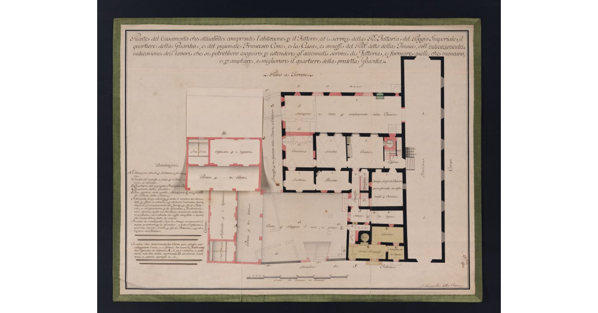 Piante del casamento che attualmente comprende l'abitazione per il Fattore, ed i servizi della R. Fattoria del Poggio Imperiale, il quartiere della Guardia, e del pigionale Francesco Cozzi, e la Casa, e annessi del Pod. della Tinaia, coll'indicazione dei lavori che si potrebbero eseguire per estendere gl'accennati servizi di Fattoria, e Formare quelli che mancano, e per ampliare e migliorare il quartiere della predetta Guardia