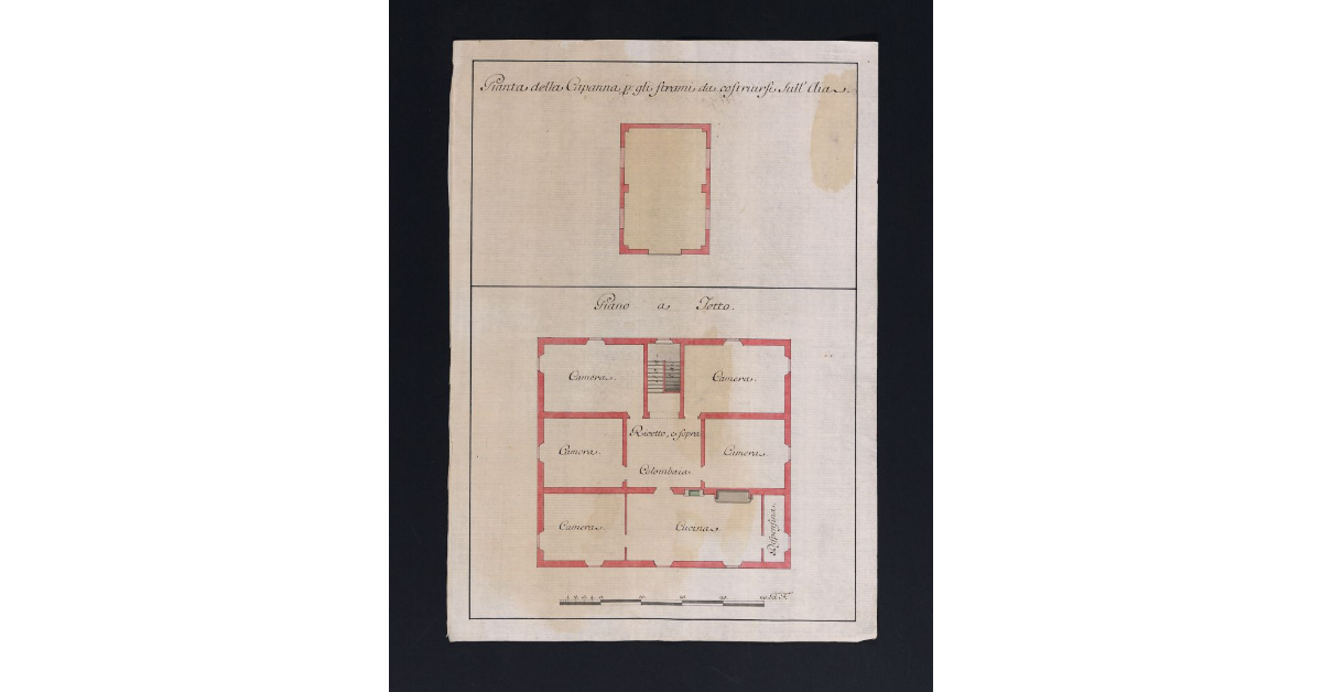 [Pianta del piano a tetto della nuova casa del podere della Tinaia e della capanna per gli strami da costruirsi sull'Aia]