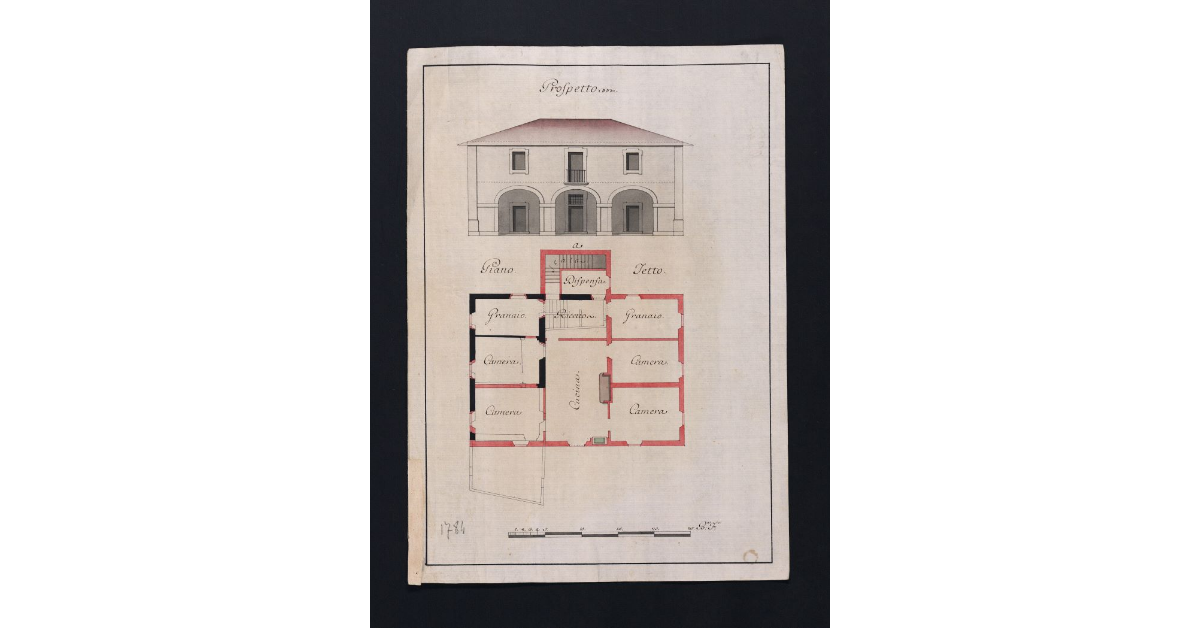 [Prospetto e pianta del piano a tetto della casa del podere di Barbadoro lavorato da Francesco Mancini, coll'indicazione dei lavori che si potrebbero fare per riordinare, ed ampliare la medesima]