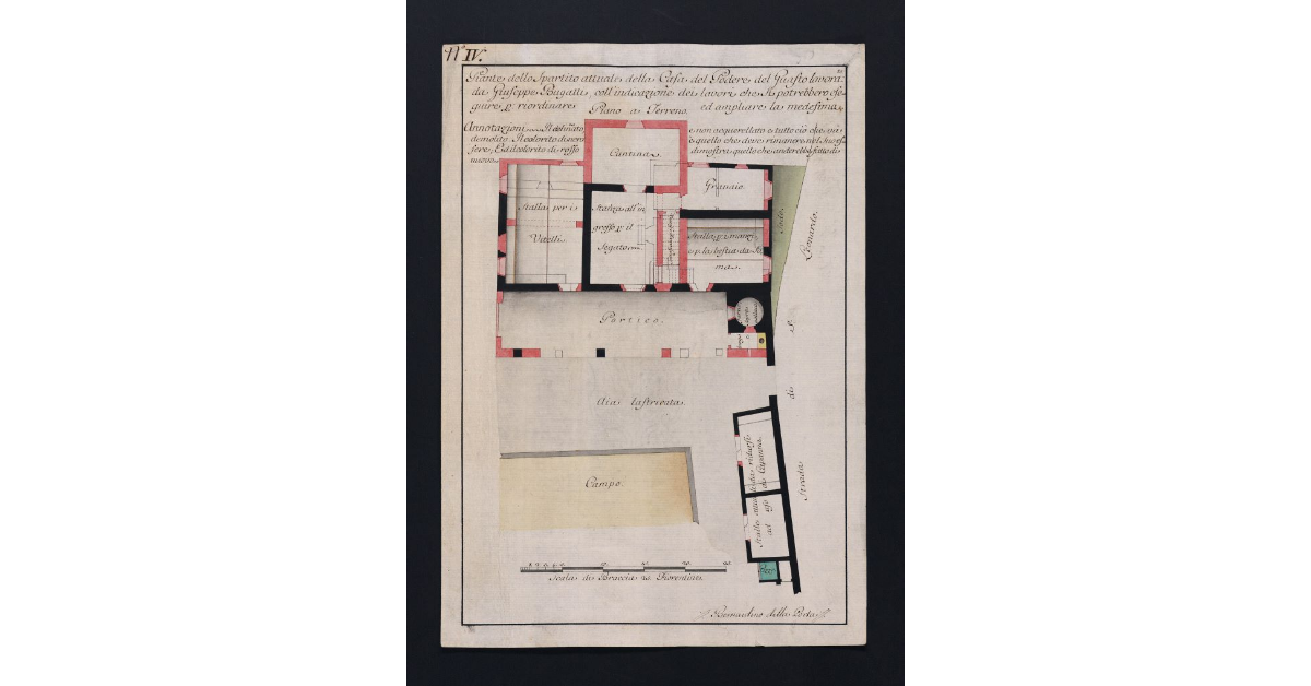 Piante dello Spartito attuale della Casa del Podere del Guasto lavorato da Giuseppe Bugatti, coll'indicazione dei lavori che si potrebbero eseguire per riordinare ed ampliare la medesima