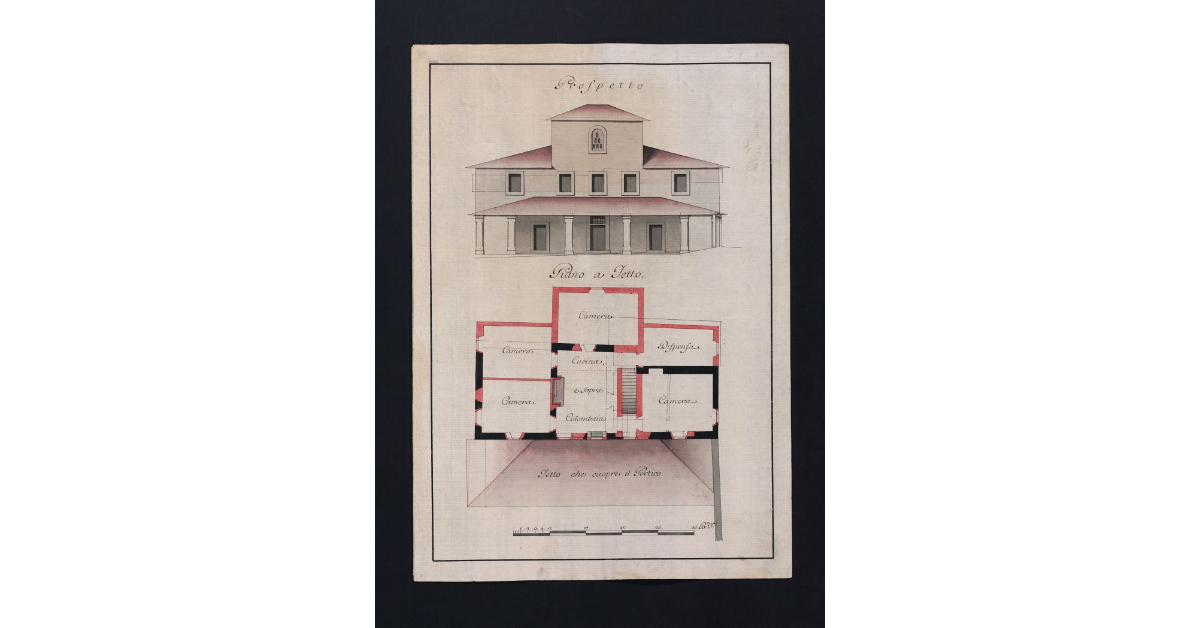 [Prospetto e pianta del piano a tetto della Casa del Podere del Guasto lavorato da Giuseppe Bugatti, coll'indicazione dei lavori che si potrebbero eseguire per riordinare ed ampliare la medesima]