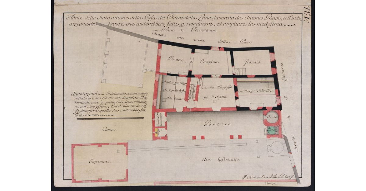 Piante dello stato attuale della Casa del Podere della Luna, lavorato da Antonio Rapi, coll'indicazione dei lavori che anderebbero fatti per riordinare, ed ampliare la medesima