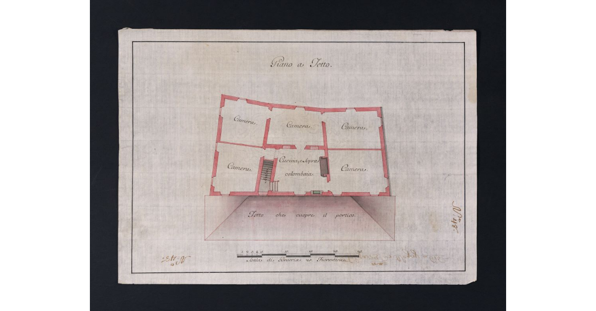 [Pianta del piano a tetto della casa del podere della Luna, lavorato da Antonio Rapi, coll'indicazione dei lavori che andrebbero fatti per riordinare ed ampliare la medesima]