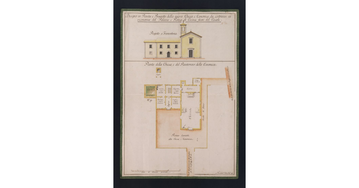 Disegno in Pianta e Prospetto della nuova Chiesa e Canonica da costruirsi in vicinanza del Palazzo e Piazza di Cecina, fuori del Casale
