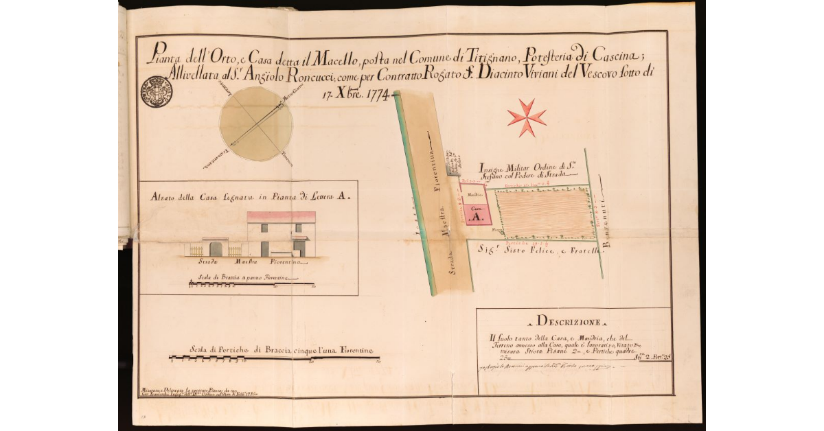 Pianta dell'Orto, e Casa detta il Macello, posta nel Comune di Titignano, Potesteria di Cascina; Allivellata al signor Angiolo Roncucci [...]