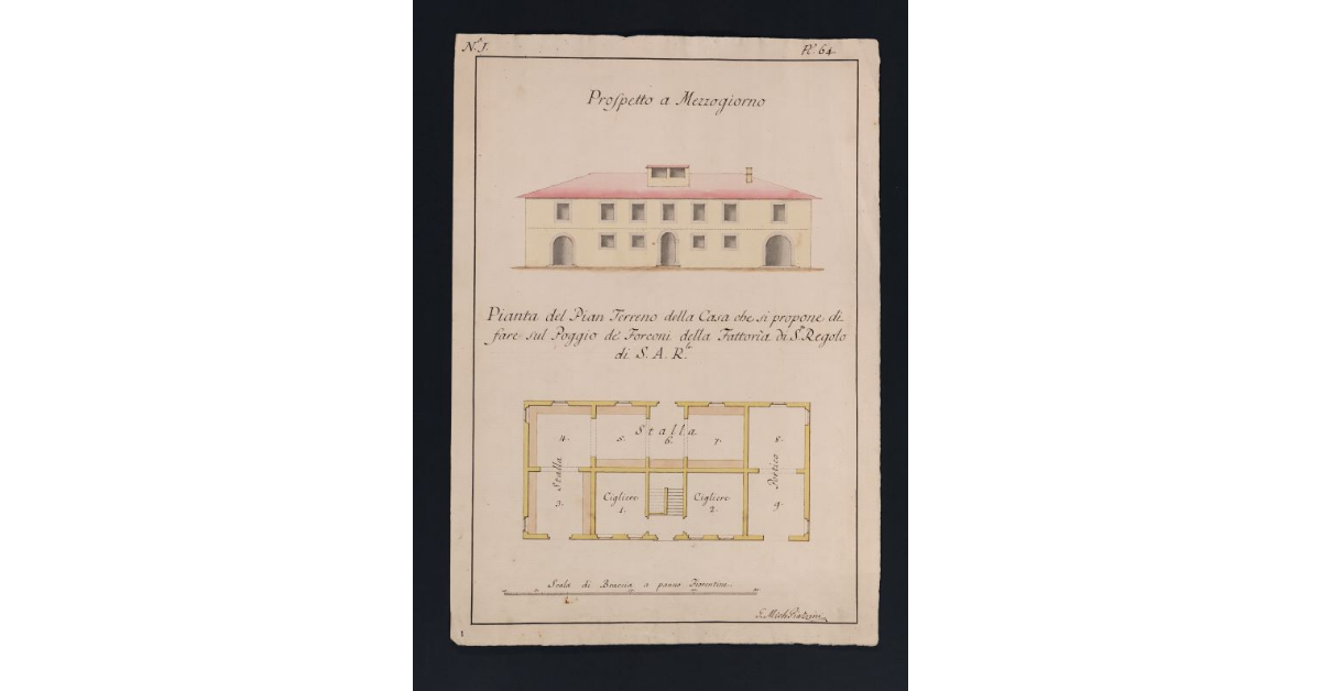 [Prospetto e pianta del piano terreno della casa che si propone di realizzare sul poggio dei Forconi nella fattoria di S. Regolo]