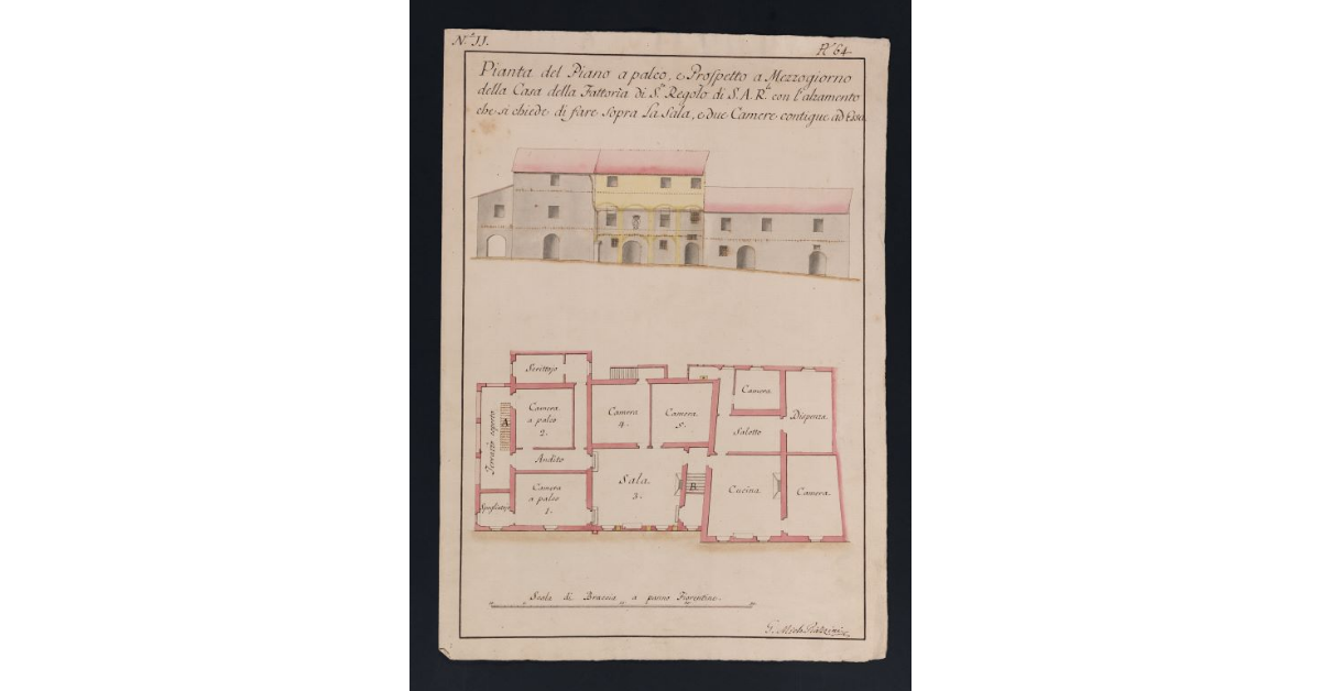 Pianta del Piano a palco, e Prospetto a Mezzogiorno della Casa della Fattoria di S. Regolo di S.A.R. con l'alzamento che si chiede di fare sopra La Sala, e due Camere contigue ad Essa