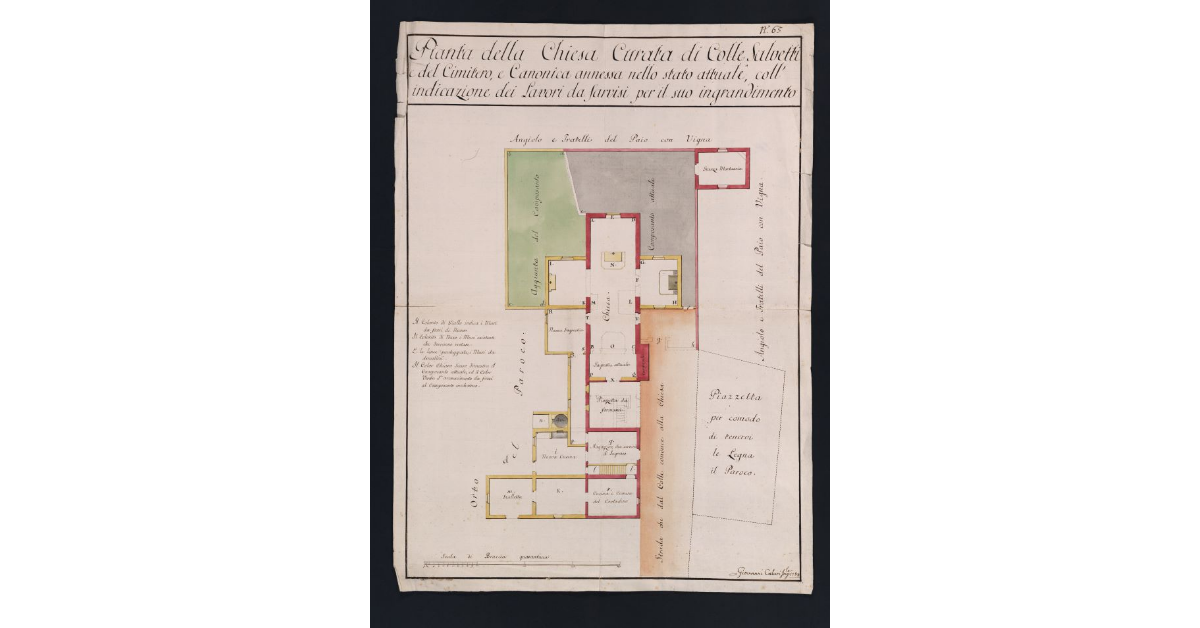 Pianta della Chiesa Curata di Colle Salvetti e del Cimitero, e Canonica annessa nello stato attuale coll'indicazione dei Lavori da farsi per il suo ingrandimento