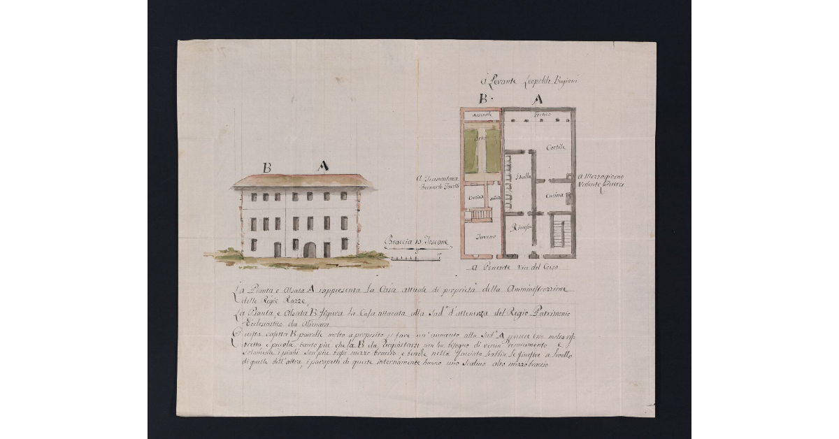 Schizzo della Pianta, e alzata della Casa situata nel corso di Pistoia di Proprietà della Regia Amministrazione delle Razze con un'altra Casetta a canto attenente al Regio Patrimonio Ecclesiastico da alienarsi
