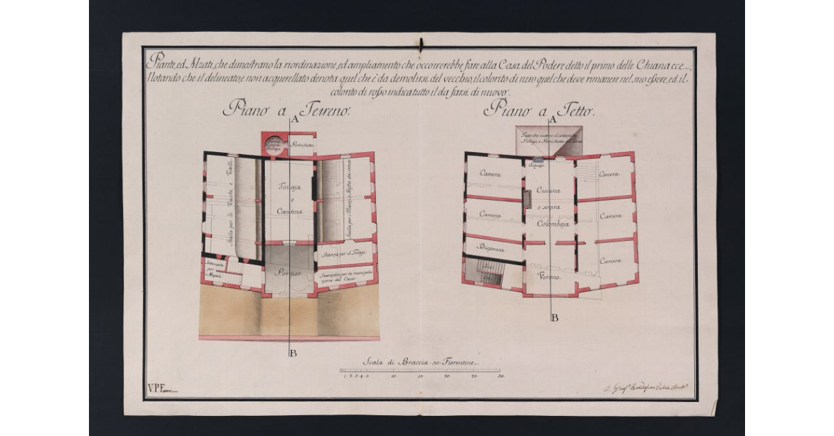 Piante, ed Alzati che dimostrano la riordinazione, ed ampliamento che occorrerebbe fare alla Casa del Podere detto il Primo delle Chianacce; Notando che il delineato, e non acquerellato denota quel che è da demolirsi del vecchio, il colorito di nero quel che deve rimanere nel suo essere, ed il colorito di rosso indica tutto il da farsi di nuovo