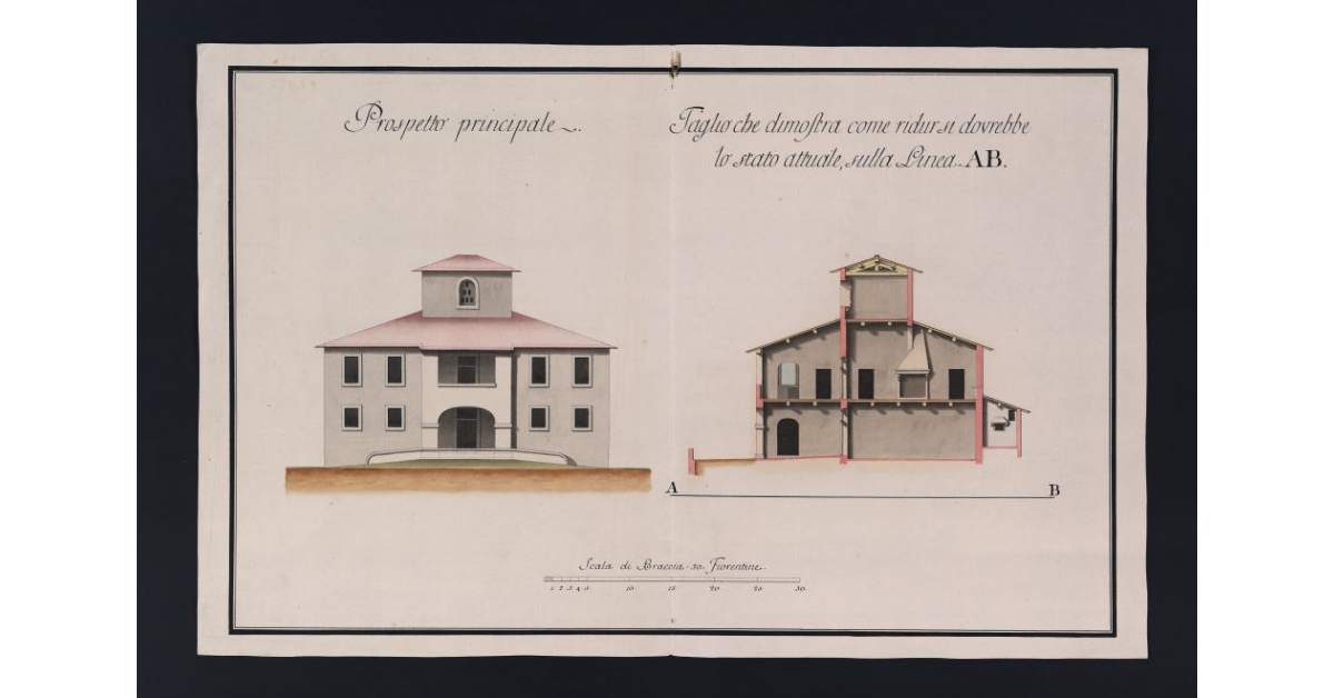 [Prospetto principale e taglio lungo la linea AB della casa del podere primo delle Chianacce con l'indicazione dei lavori di ampliamento]