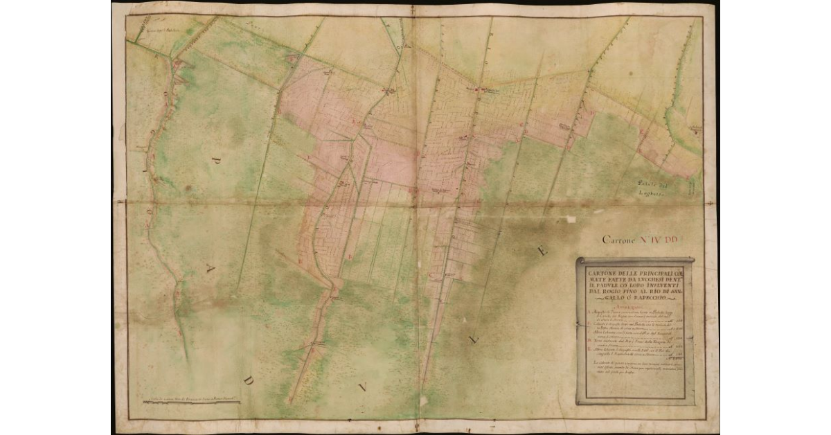 Cartone delle principali colmate fatte dai Lucchesi dentro al padule coi loro influenti dal Rogio fino al Rio di San Gallo o Rapecchio