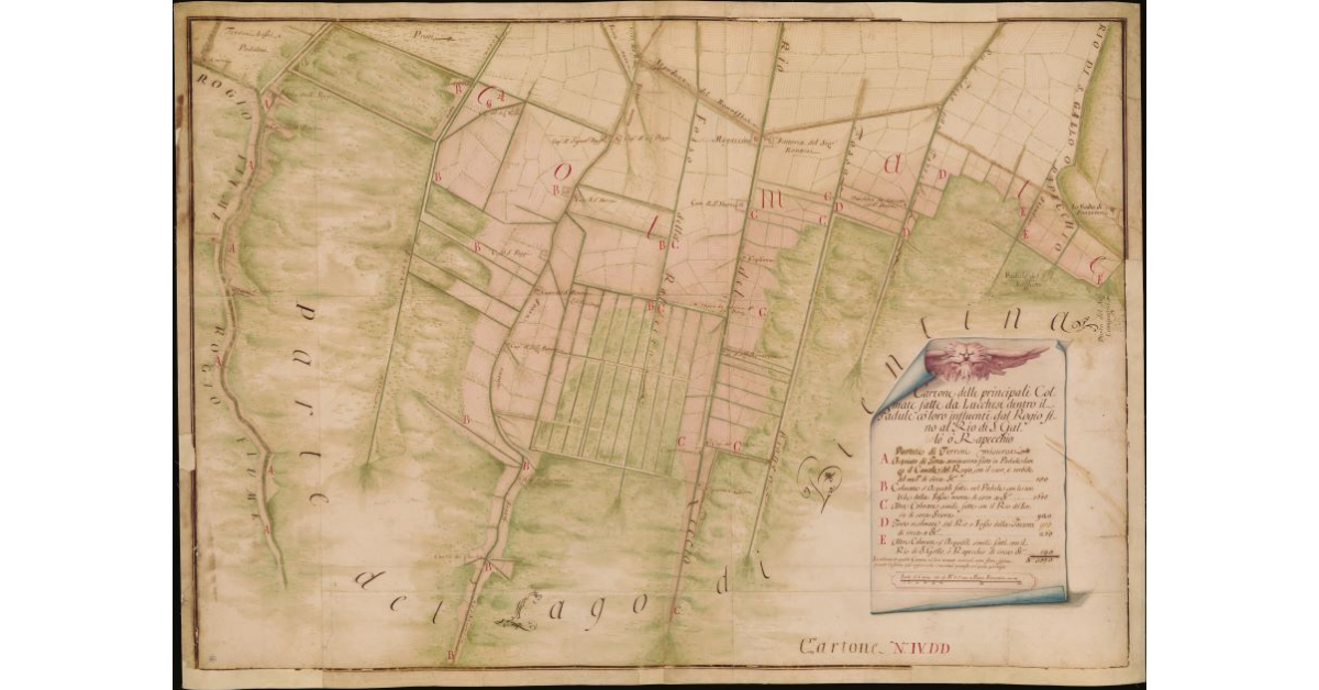 Cartone delle principali colmate fatte dai Lucchesi dentro al padule coi loro influenti dal Rogio fino al Rio di San Gallo o Rapecchio