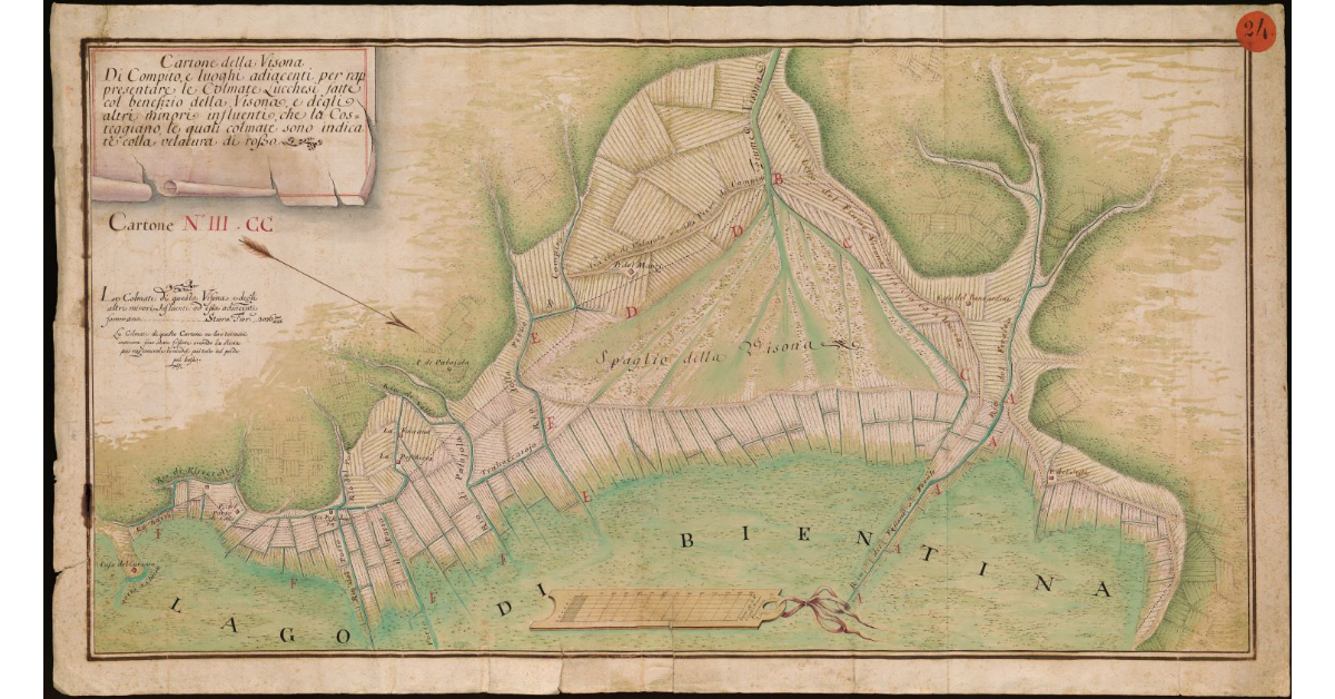 Cartone della Visona di Compito e luoghi adiacenti per rappresentare le colmate lucchesi fatte col beneficio della Visona e degli altri minori influenti che la costeggiano [...]