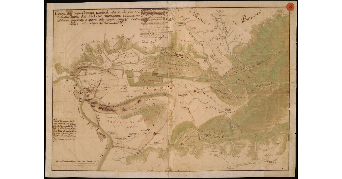 Cartone delle cinque comunità granducali adiacenti alla Serezza e di due fattorie di S. M. I. per rappresentare i terreni notabilmente peggiorati a cagione delle sempre maggiori escrescenze delle acque lucchesi