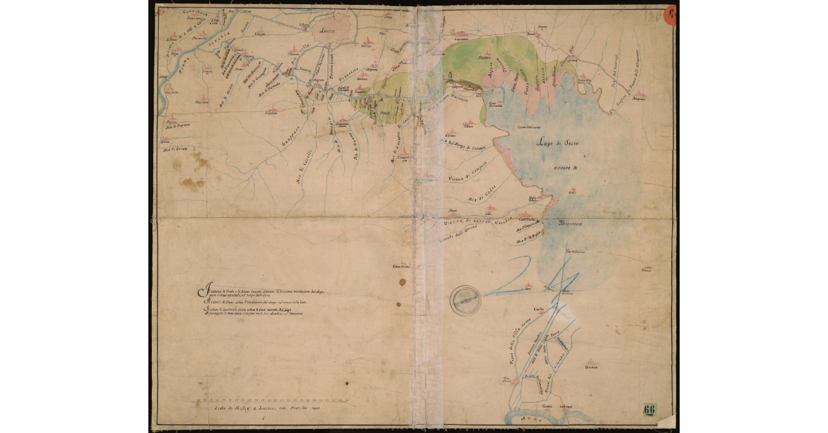 [Pianta del fiume Ozeri dal suo sbocco in Serchio fino al lago di Bientina e da questo per il canale della Serezza fino al fiume Arno]