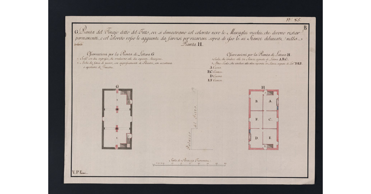 Pianta del Tinajo detto del Fitto, ove si dimostrano col colorito nero le Muraglie vecchie; che devono restar permanenti, e col colorito rosso le aggiunte da farvisi per ricavare sopra di esso le sei Stanze delineate nella Pianta H