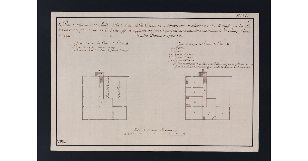 Pianta della seconda Stalla della Colonia della Cecina ove si dimostrano col colorito nero le Muraglie vecchie, che devono restar permanenti, e col colorito le aggiunte da farvisi per ricavar sopra della medesima le sei Stanze delineate nella Pianta di Lettera B