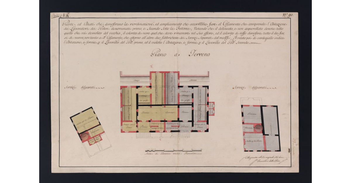 Piante ed alzati che dimostrano la riordinazione, ed ampliamento che occorrerebbe fare al Casamento che comprende l'Abitazione dei Lavoratori dei Poderi denominati primo, e secondo sotto la Fattoria [...]