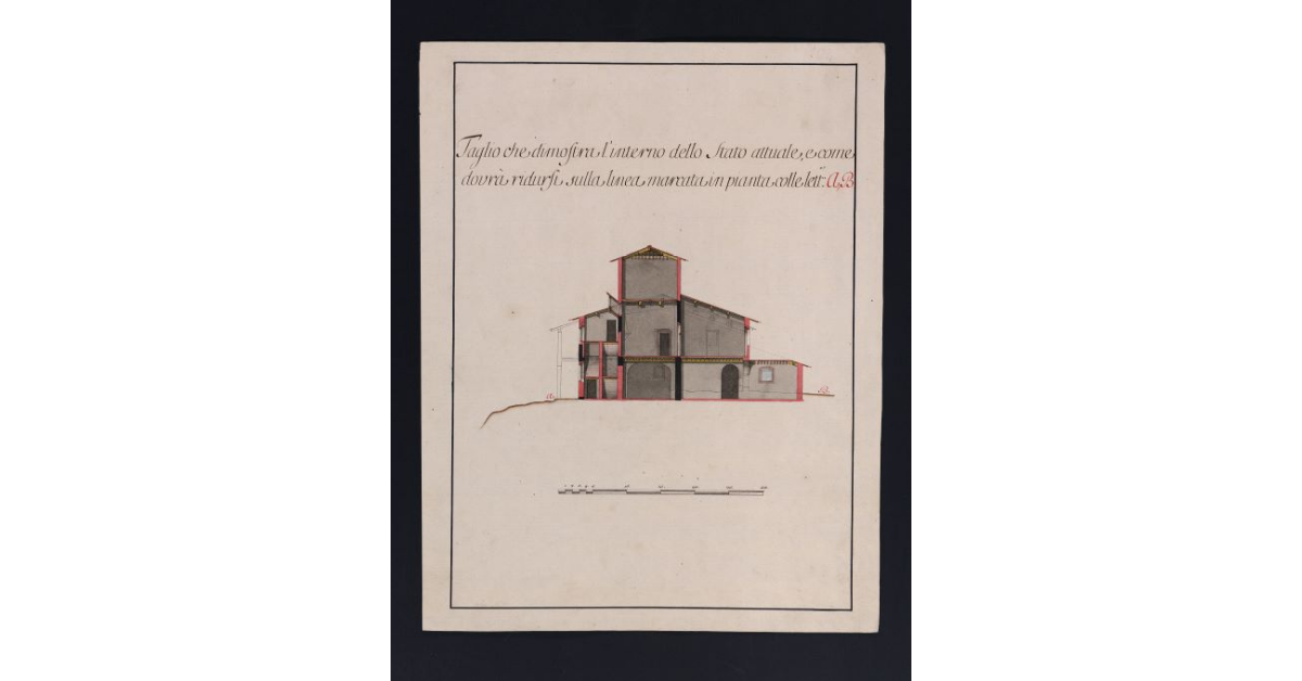 Taglio che dimostra l'interno dello Stato attuale, e come dovrà ridursi sulla linea marcata in pianta colle lett. A,B