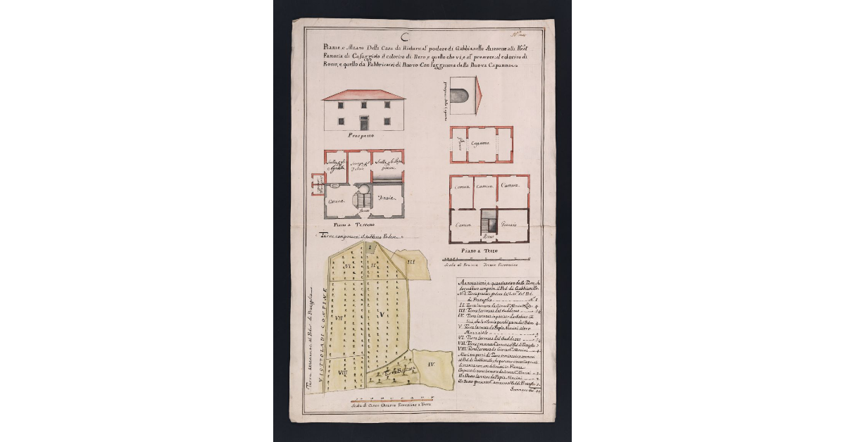 Piante, e Alzato della Casa da Ridursi al podere di Gabbianello Attenente alla Real Fattoria di Cafaggiolo il colorito di nero, e quello che vi, e al presente; il colorito di Rosso, e quello da Fabbricarsi di Nuovo: Con l'aggiunta della Nuova Capanna