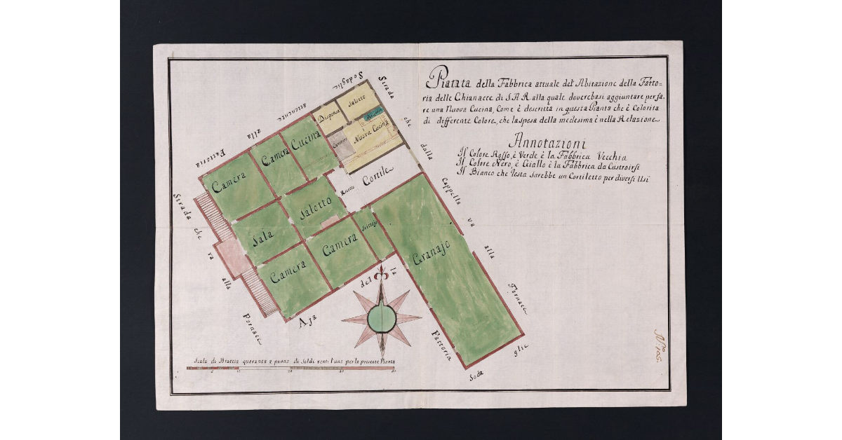 Pianta della Fabbrica attuale dell'Abitazione della Fattoria delle Chianacce di S.A.R. alla quale doverebasi aggiuntare per fare una Nuova Cucina, Come è descritta in questa Pianta che è Colorita di differente Colore, che le spesa della medesima è nella Relazione