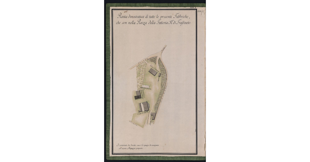 Pianta dimostrativa di tutte le presenti Fabbriche, che son nella Piazza della Fattoria R. di Frassineto