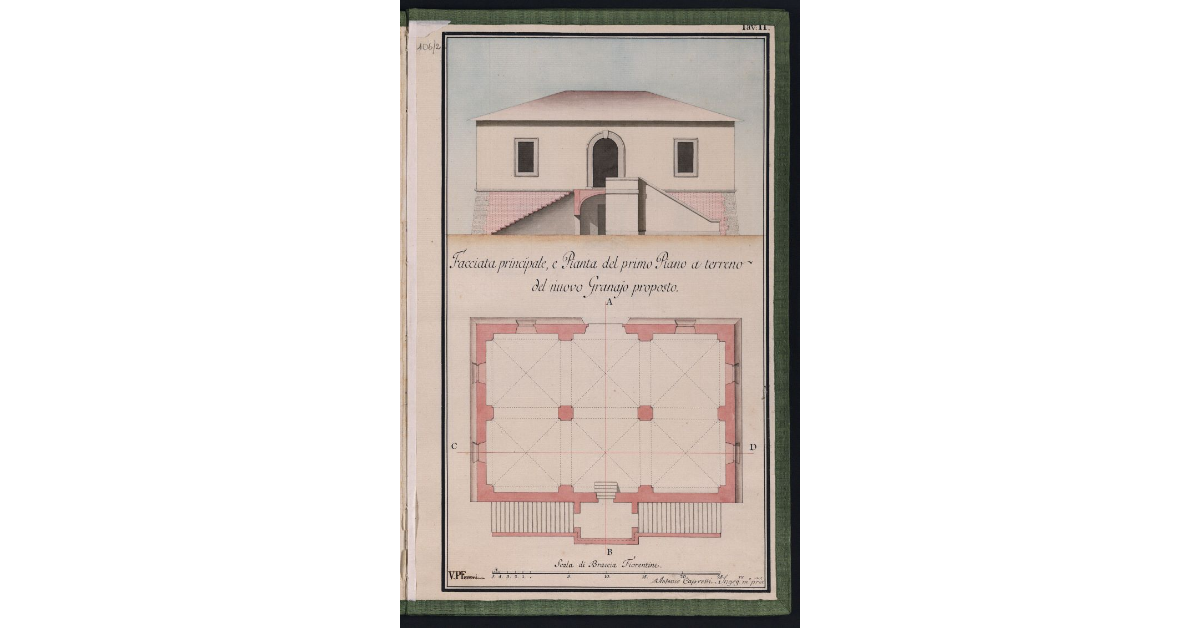 Facciata principale, e Pianta del Primo Piano a terreno del nuovo Granajo proposto