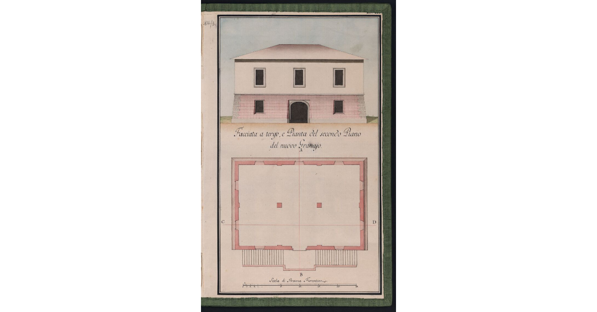 Facciata a tergo, e Pianta del secondo Piano del nuovo Granajo