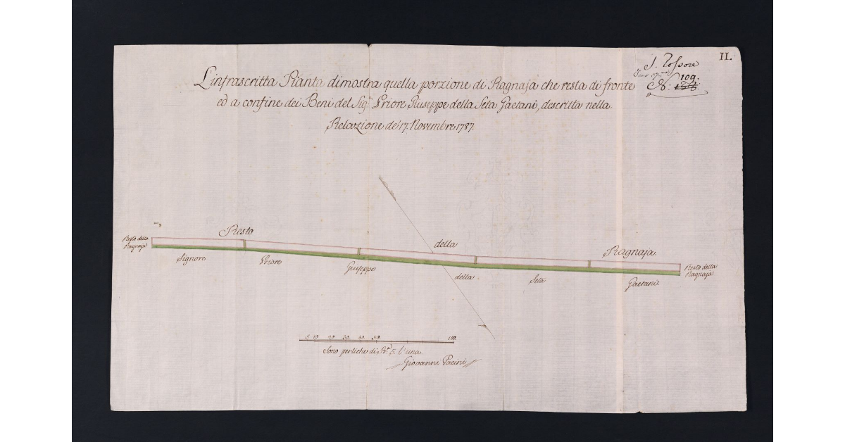 [Pianta della porzione di ragnaia che resta di fronte ed a confine dei Beni del Sig. Priore Giuseppe della Seta Gaetani]