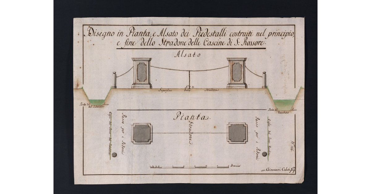 Disegno in Pianta ed Alsato dei Piedestalli costruiti nel principio, e fine dello Stradone delle Cascine di S. Rossore
