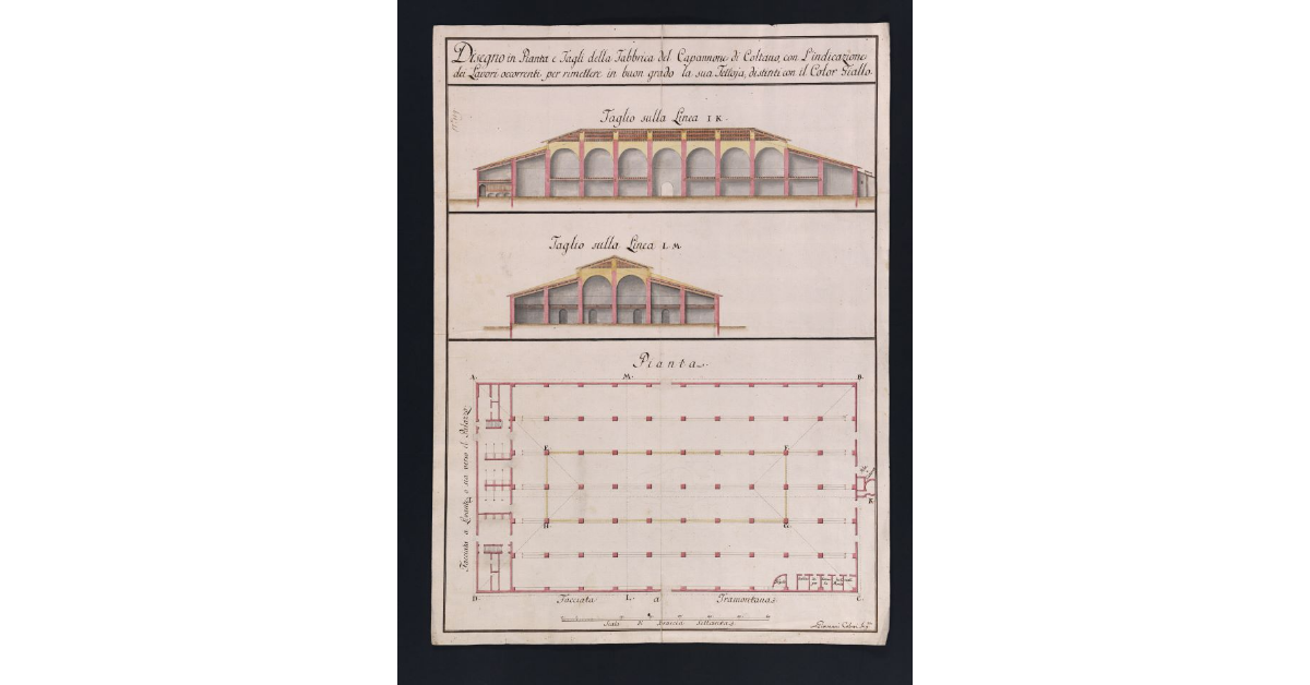 Disegno in Pianta e Tagli della Fabbrica del Capannone di Coltano, con l'indicazione dei Lavori occorrenti per rimettere in buon grado la sua Tettoja, distinti con il Color Giallo