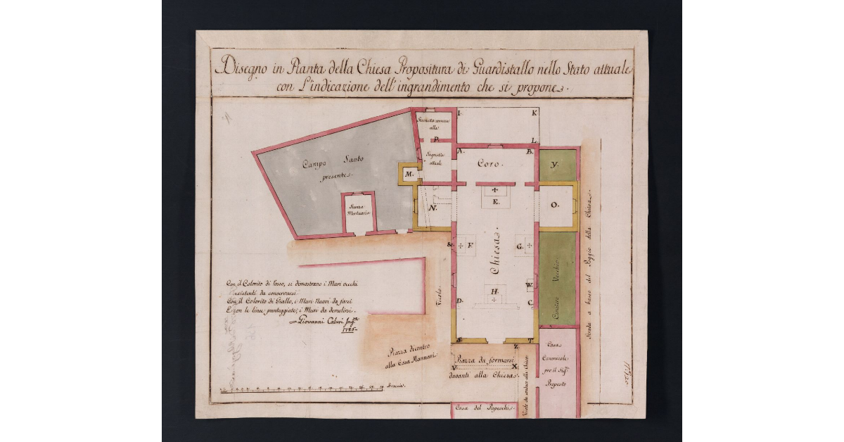 Disegno in Pianta della Chiesa Propositura di Guardistallo nello Stato attuale con l'indicazione dell'ingrandimento che si propone