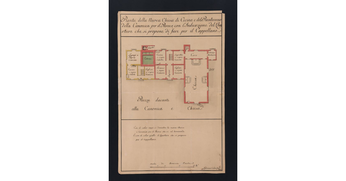 Pianta della Nuova Chiesa di Cecina e del Pianterreno della Canonica per il Paroco, con l'Indicazione del Quartiere che si propone di fare per il Cappellano