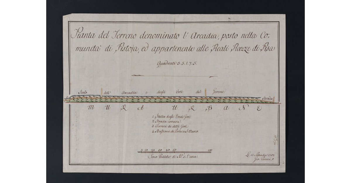 Pianta del terreno denominato l'Arcadia, posto nella Comunità di Pistoia, ed appartenente alle Reali Razze di Pisa