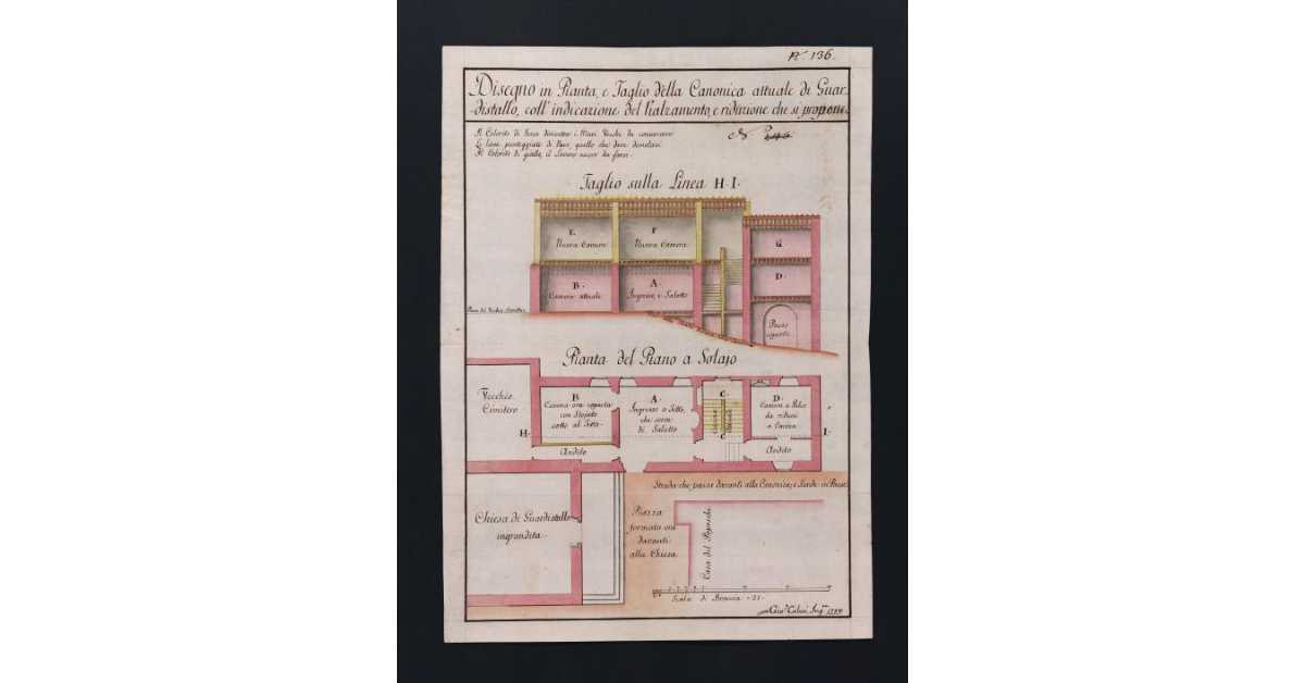 Disegno in Pianta, e Taglio della Canonica attuale di Guardistallo, coll'indicazione del rialzamento e riduzione che si propone